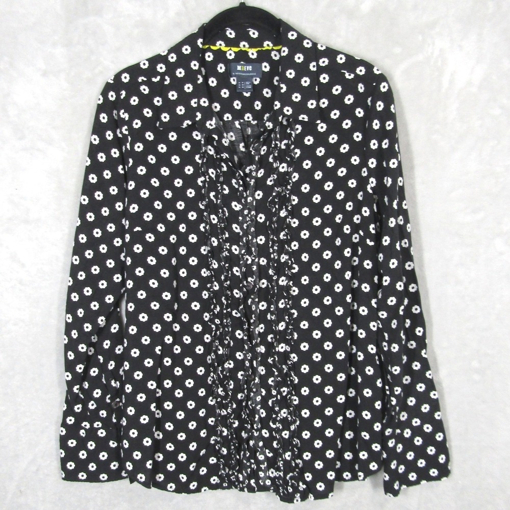 Maeve Anthropologie Button Down Shirt Womens Size 10 Black White Floral Ruffle